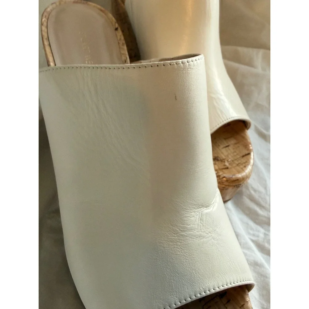 Stuart Weitzman Cream Leather Cork Platform Wedge Mules SH378 Size 9B - Picture 6 of 9